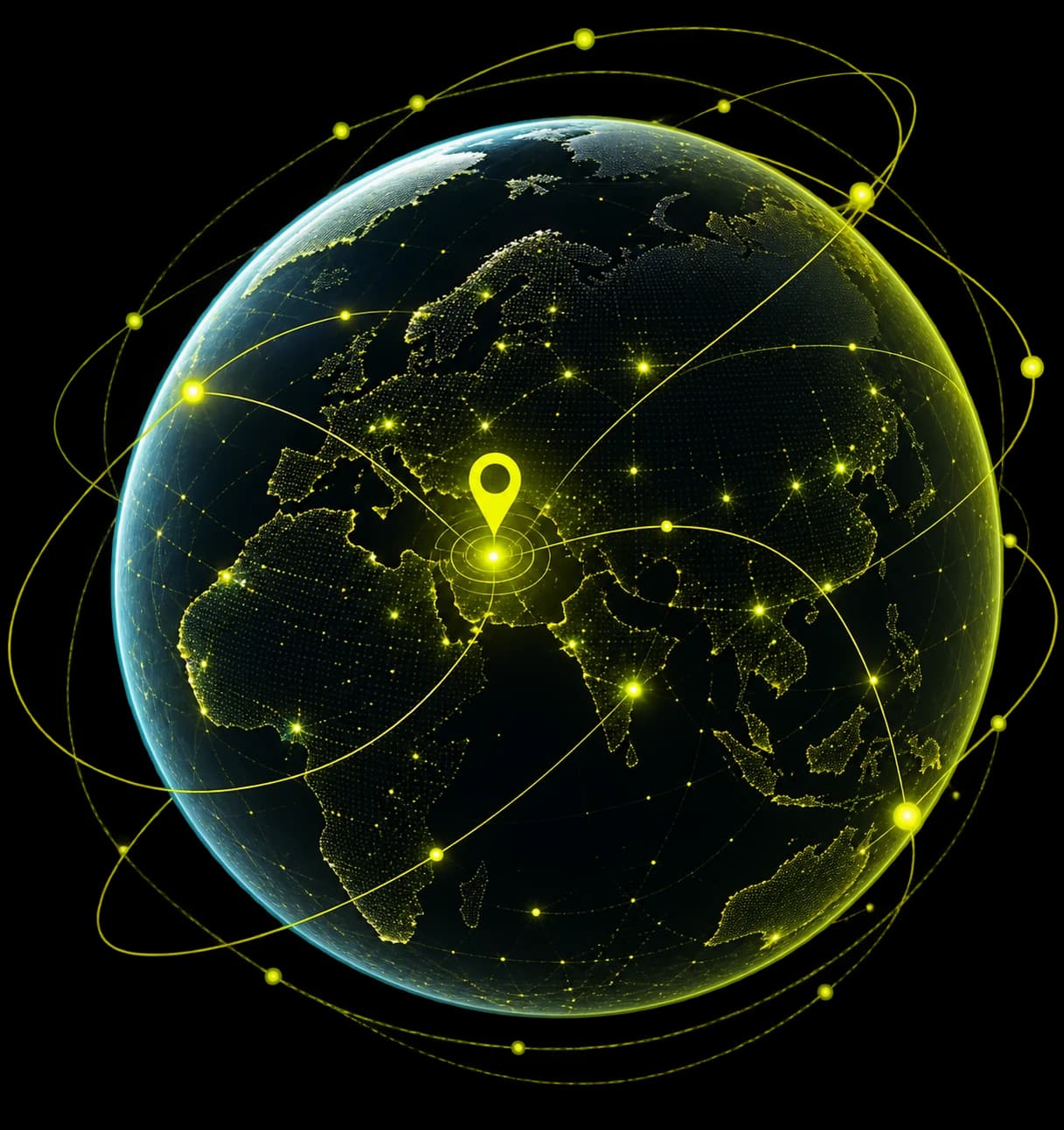 Global orbital network visualization representing Rabin R's worldwide presence and connectivity