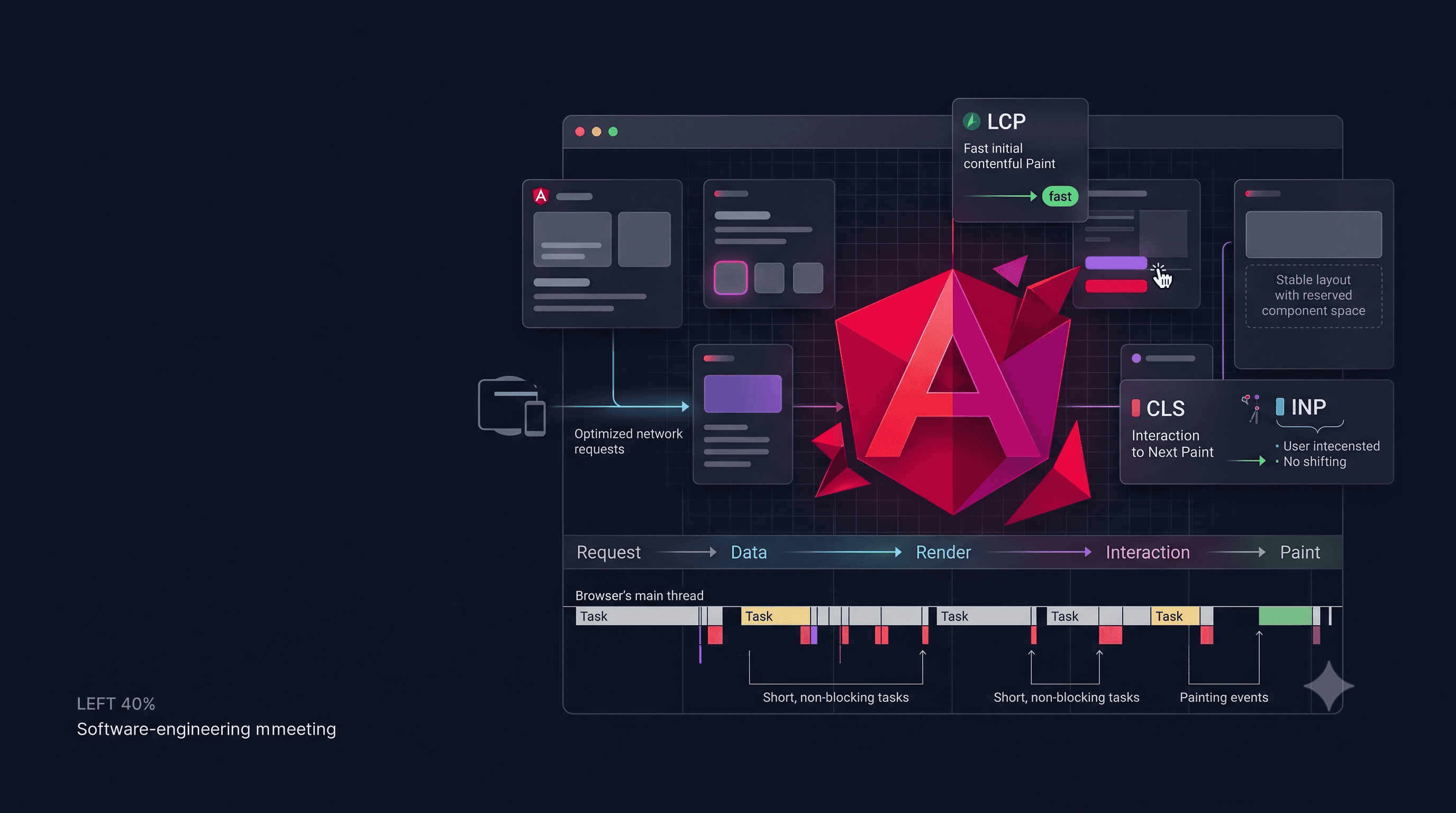 Angular Core Web Vitals performance architecture showing loading, layout stability and interaction responsiveness.