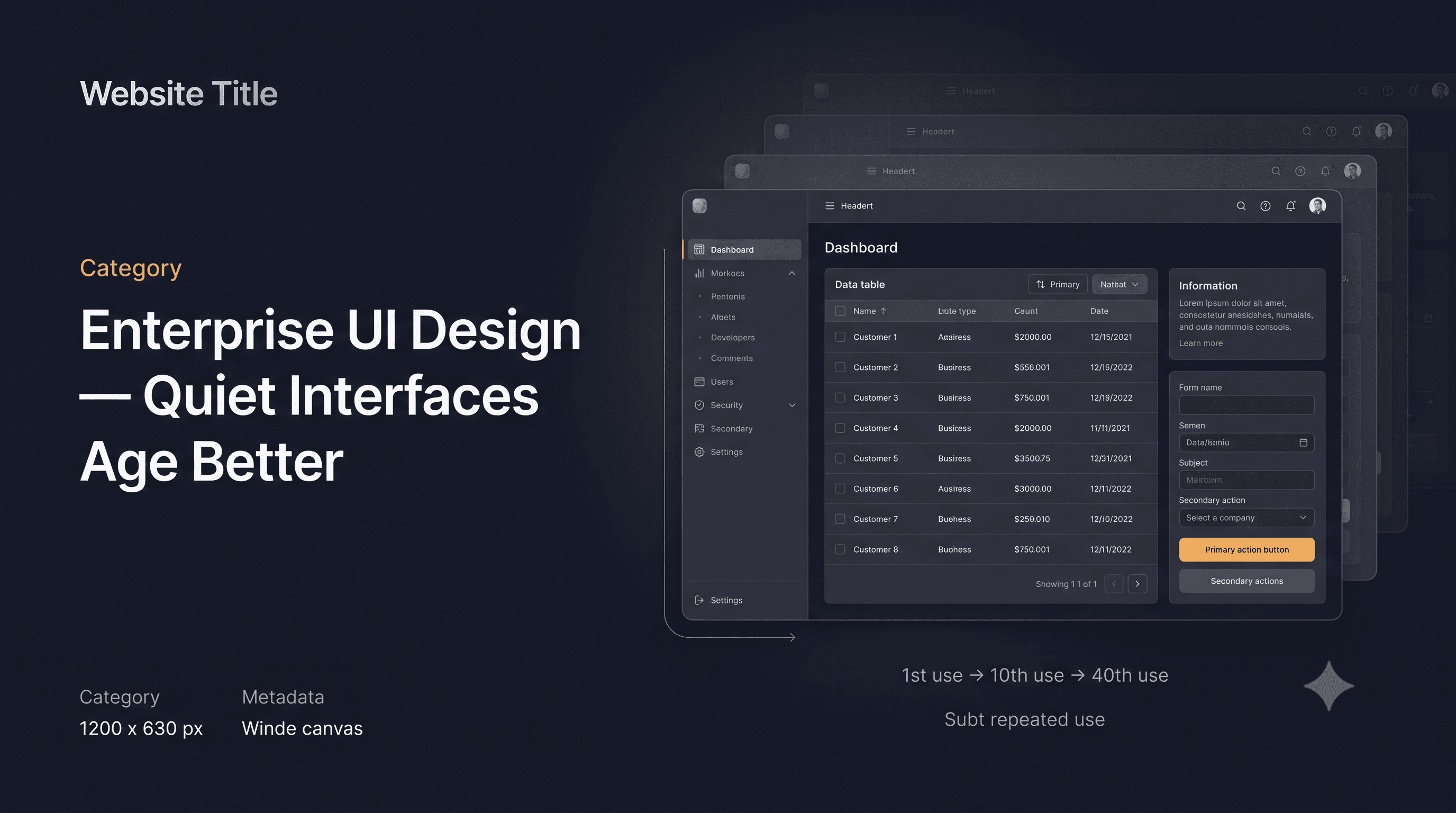 Enterprise UI design showing restrained dashboard layouts, clear hierarchy and minimal visual noise.