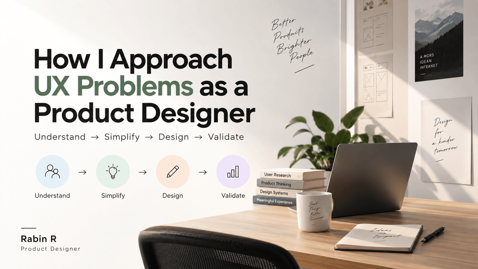 Title card: How I Approach UX Problems as a Product Designer — understand, simplify, design, validate — beside a desk with a laptop, notebook and wireframes pinned to the wall.