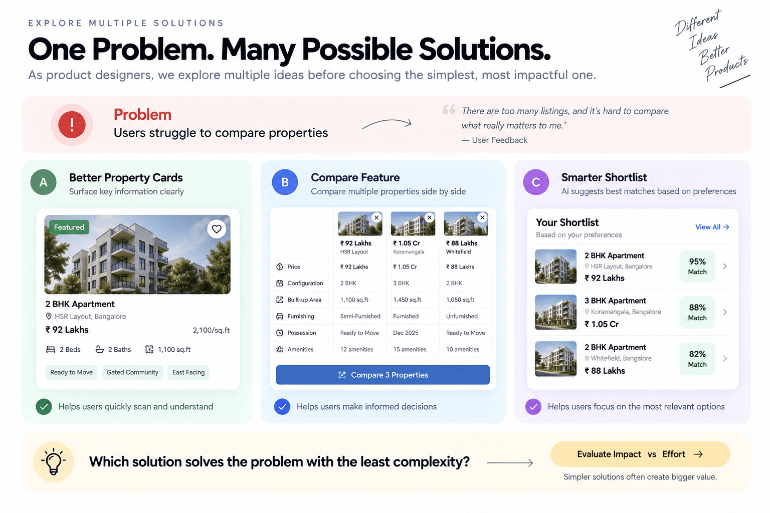 One problem — users struggle to compare properties — with three solution options side by side: clearer property cards, a dedicated side-by-side comparison feature, and a smarter shortlist ranked by match percentage.