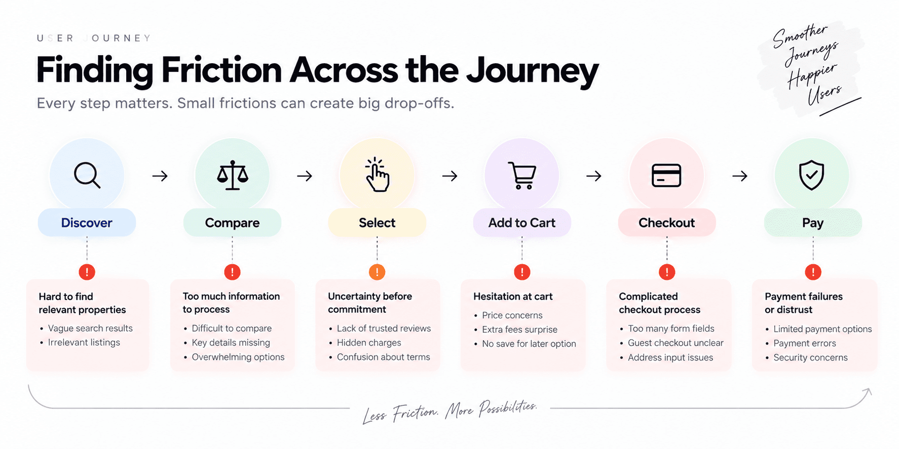 The six steps of an e-commerce journey — discover, compare, select, add to cart, checkout, pay — each annotated with its friction: irrelevant listings, too much to process, uncertainty before commitment, surprise fees, a long checkout form, and payment distrust.