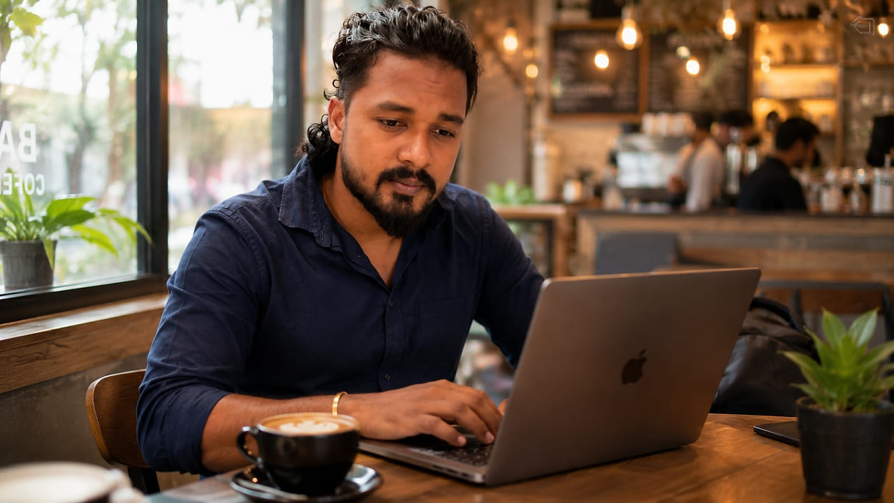 Rabin working on a laptop at a window table in a coffee shop