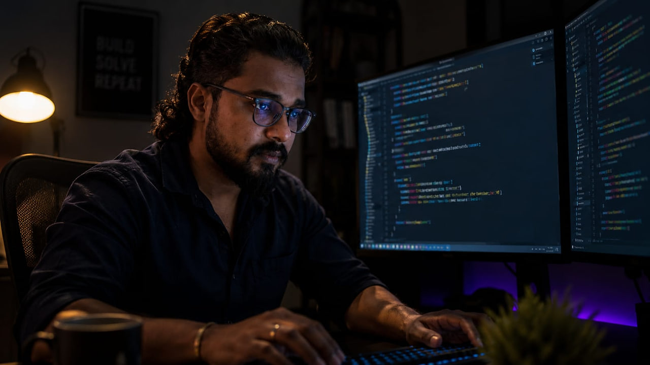 Rabin writing code late at night, lit by a desk lamp and two monitors