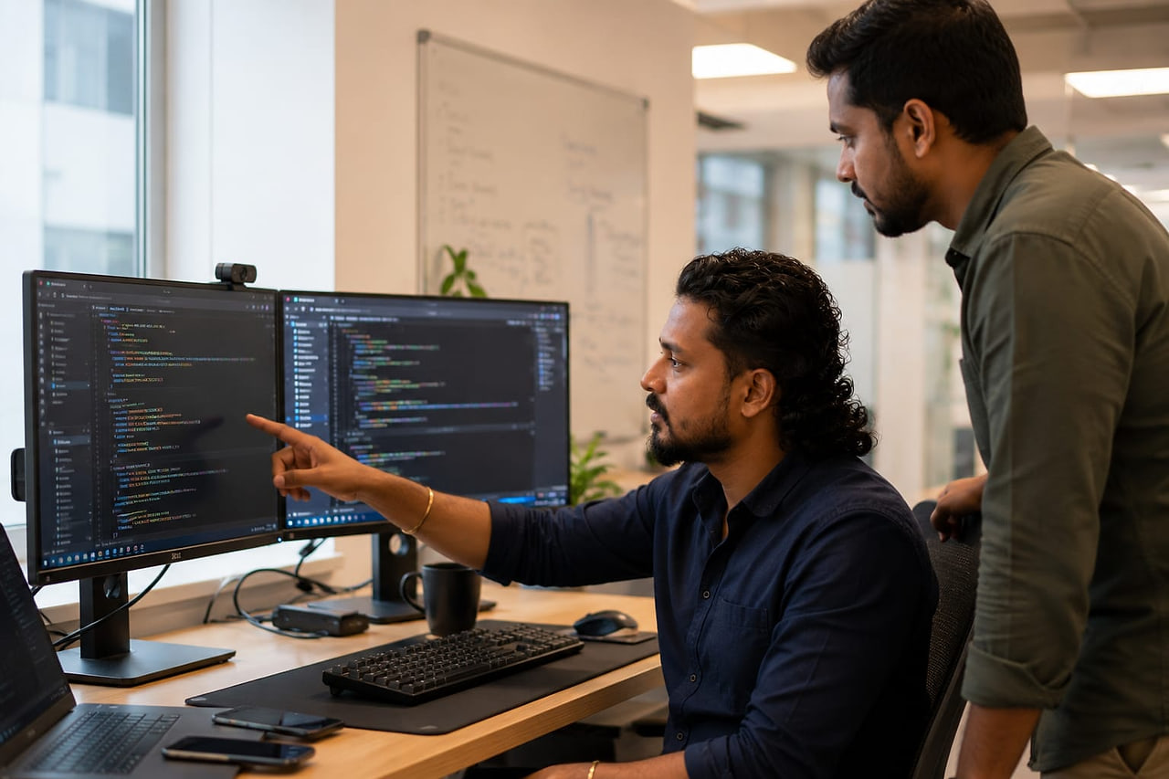 Reviewing code on a monitor with a colleague at the office