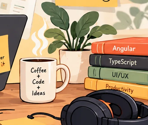 A "Coffee + Code + Ideas" mug beside Angular and TypeScript books and headphones